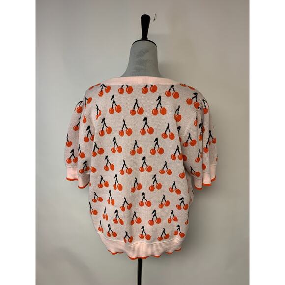 Womens Sweater Pink Cherry Print Boho Unique Short Sleeves Causal Size L/XL(est) - Picture 2 of 7